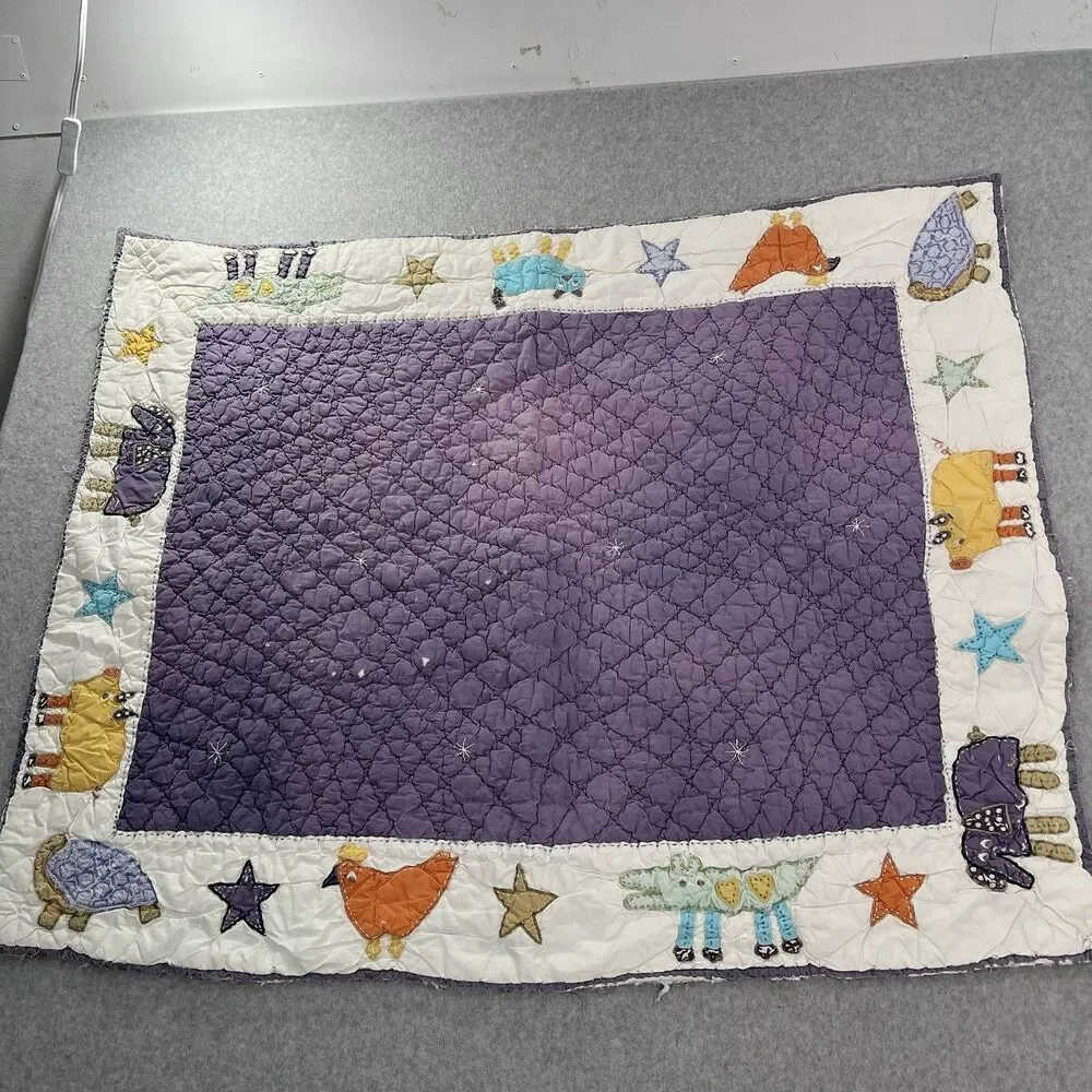 Vintage Garnet Hill Baby Crib Quilt Animals tattered distressed 31x39